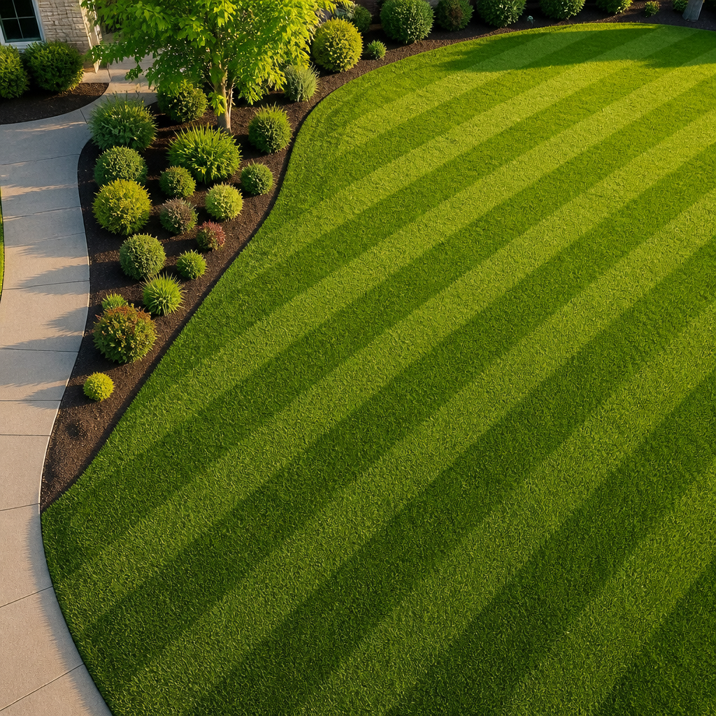 Freshly mowed lawn with crisp diagonal mower stripes and a clean bed edge