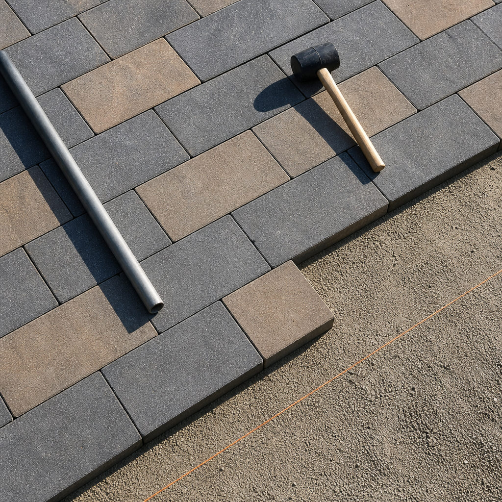 Concrete pavers being set along a string line on a new Kansas City patio