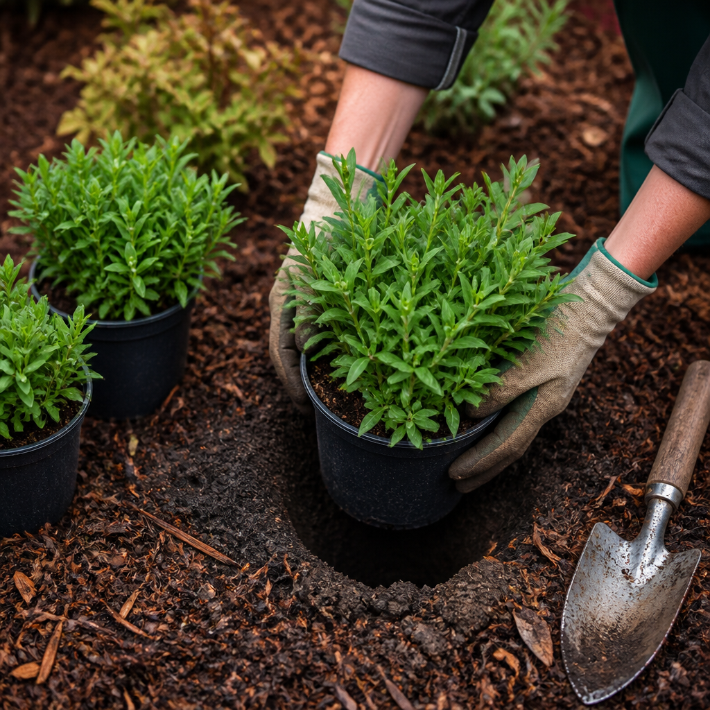 Gloved hands setting a perennial into fresh mulch on a Kansas City landscape install