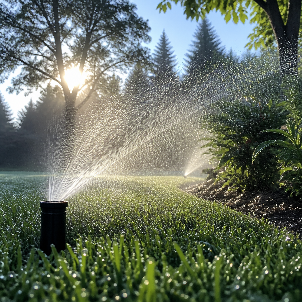 Pop-up sprinkler head watering a green lawn at sunrise