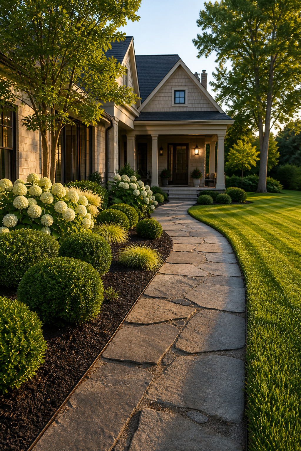 Newly installed front-yard landscape with stone walkway in the Kansas City metro